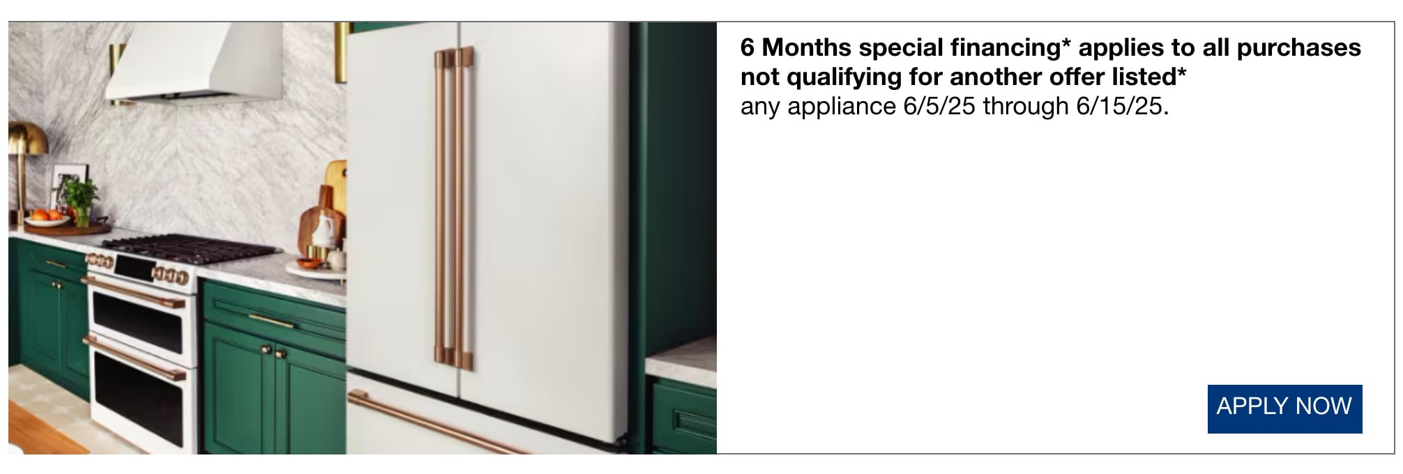 6 months special financing* applies to all purchases not qualifying for another offer listed*  any appliance 6/5/25 through 6/15/25