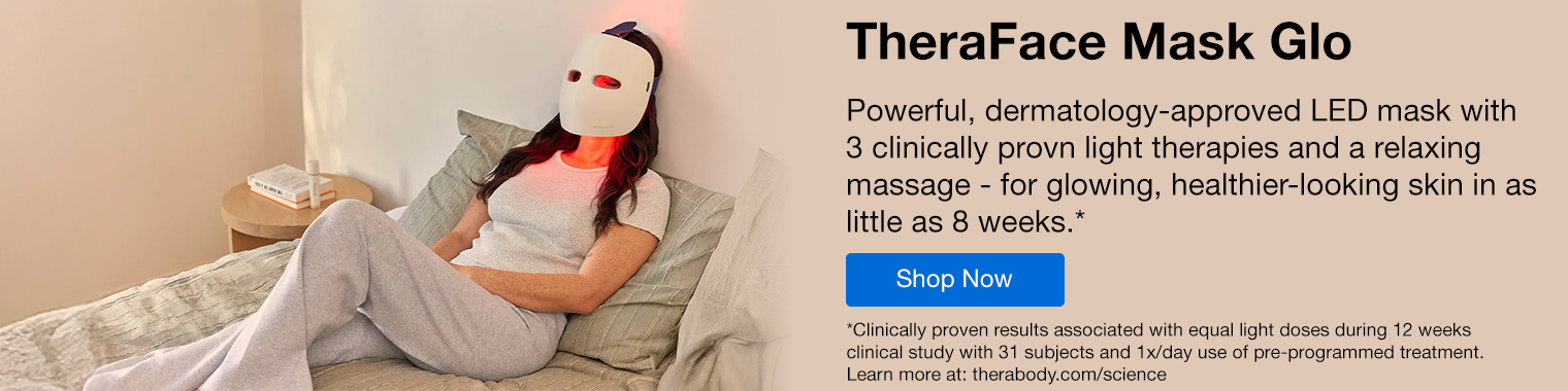 theraface mask glo powerful dermatology approved LED Mask with 3 clinically proven light therapies and a relaxing massage for glowing healthier looking skin in as little as 3 weeks. clinically proven results associated with equal light doses during 12 weeks clinical study with 31 subjects and 1 times daily use of pre programmed treatment learn more at therabody.com/science 