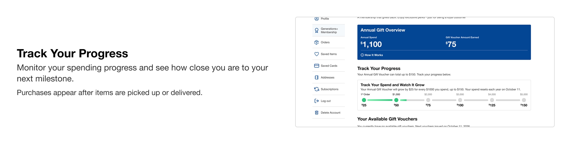 Track Your Progress  Monitor your spending progress and see how close you are to your next milestone.  Purchases appear after items are picked up or delivered.