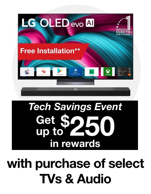 Up to $250 in rewards with purchase of select lg tvs and soundbars. Free Delivery and installation 