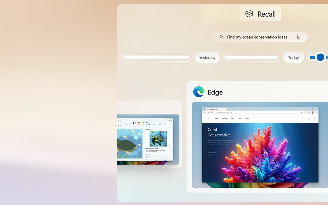 Recall instantly  Searching for a document, email or web page on your PC can be time-consuming. Or you can just describe how you remember something and Recall will find it, instantly.