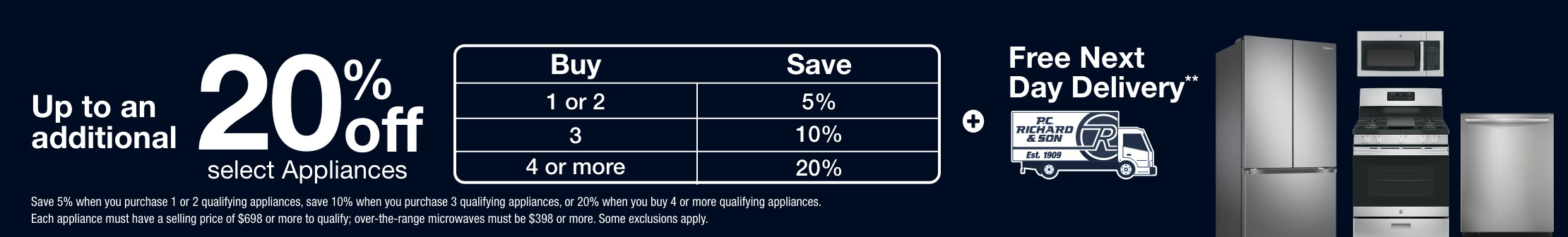 up to an additional twenty percent off select appliances buy 1 or 2 save 5 perent buy 3 save 10 percent buy 4 or more save 20 percent plus free next day delivery save 5 percent when you purchase 1 or 2 qualifying appliaances, save 10 percent when you purchase 3 qualifying appliances, or 20 percent when you buy 4 or more qualifying appliances. each appliance mjust have a selling price of 698 dollars or more to qualify. over the range microwaves must be 398 dollars or more some exclusions apply