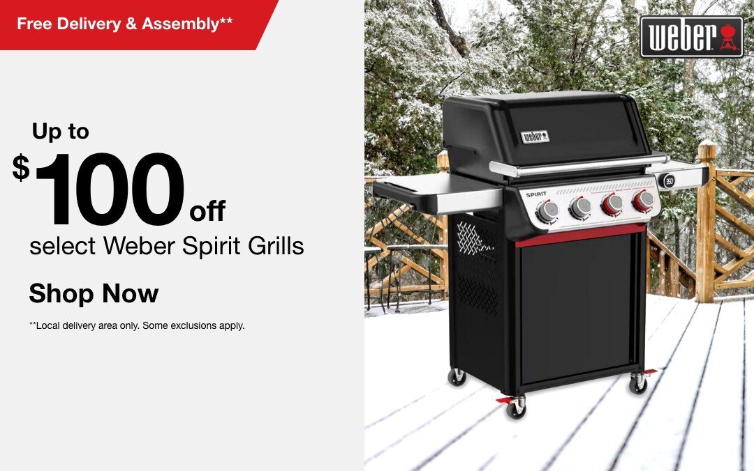 Up to $100 off select Weber Spirit Grills plus Free Delivery & Assembly**