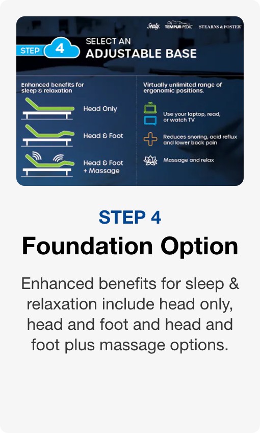 Step 4: Foundation Option Enhanced benefits for sleep & relaxation include head only, head and foot and head and foot plus massage options.  Virtually unlimited range of ergonomic positions to help you use your laptop, read or watch TV, help reduce snoring, acid reflux, lower back pain & offer relaxing massage options.