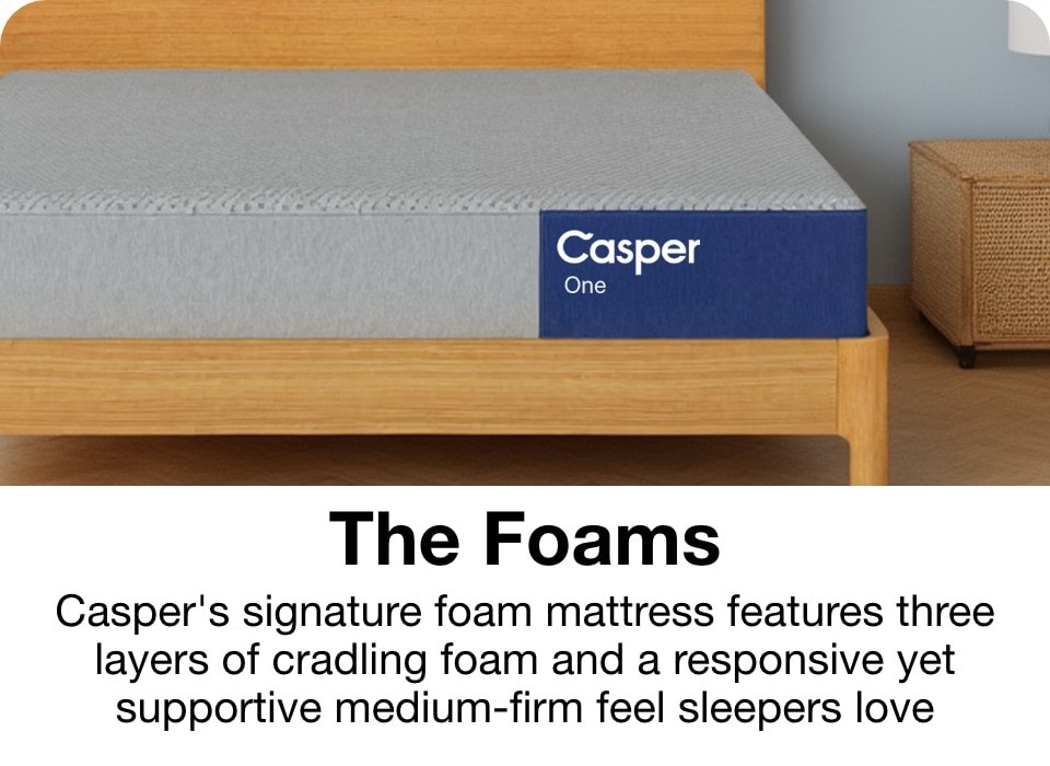 The Foams Caspers signature foam mattress features three layers of cradling foam and a responsive yet supportive medium-firm feel sleepers love