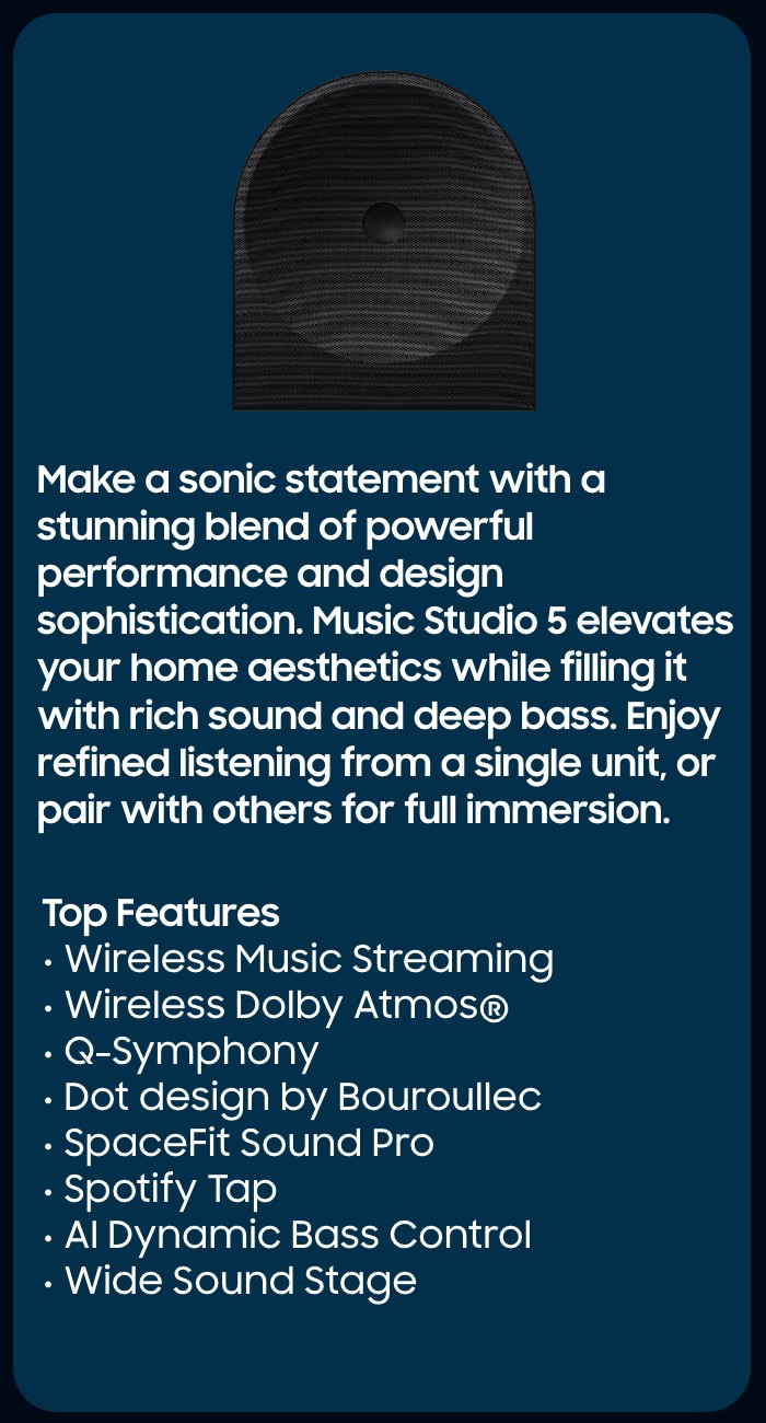 HW-Q800F  Immersive spatial audio enhanced by Dolby Atmos&trade; 3D Sound and side-firing speakers.   Top Features  True 5.1.2 CH Sound Wireless Dolby Atmos  Q-Symphony SpaceFit Sound Pro Plus  Wireless Surround Sound Compatible Game Mode Pro 