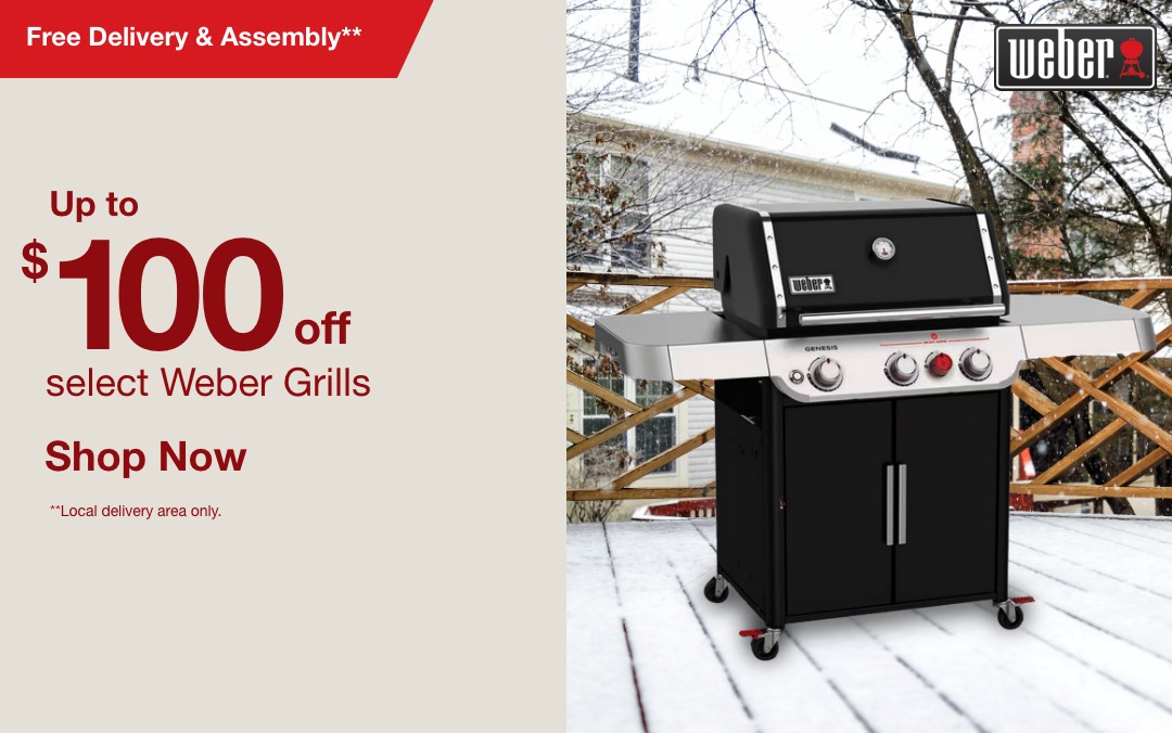Up to 100 dollars off select Weber Grills Free Delivery and Assembly Local Delivery Area Only