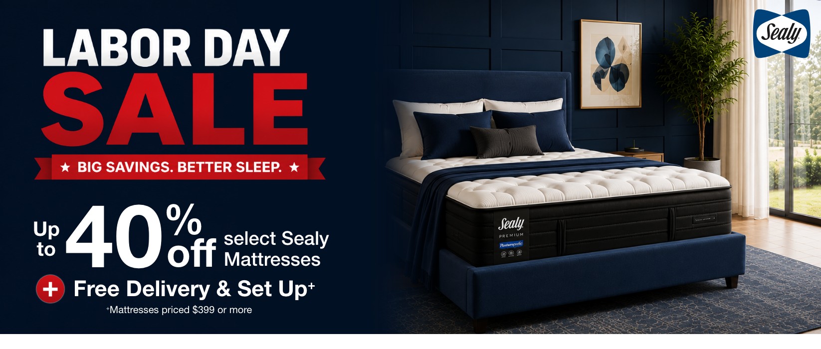 labor day sale up to 40% off select Sealy mattresses sets plus free delivery & setup