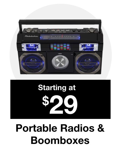Portable radios and boomboxes starting at $29