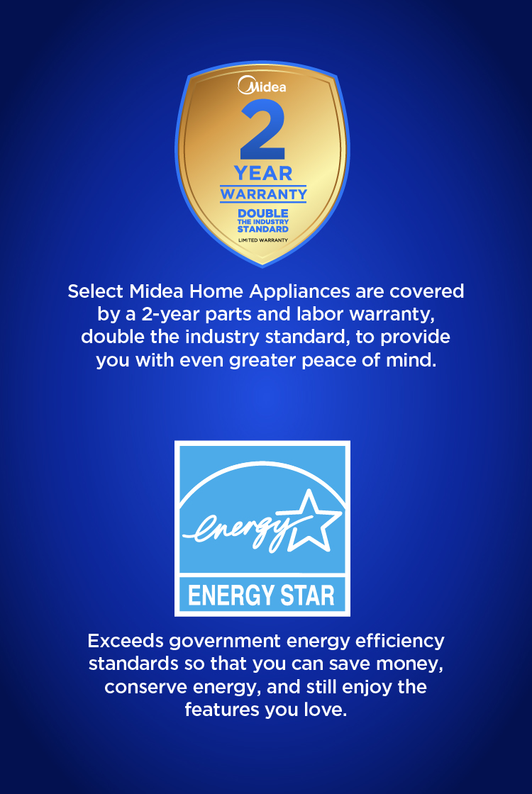 Midea appliance warranty and certification banner displaying a gold '2-Year Warranty' shield badge --- double the industry standard --- alongside the ENERGY STAR logo, highlighting energy efficiency that exceeds government standards to save money and conserve energy.