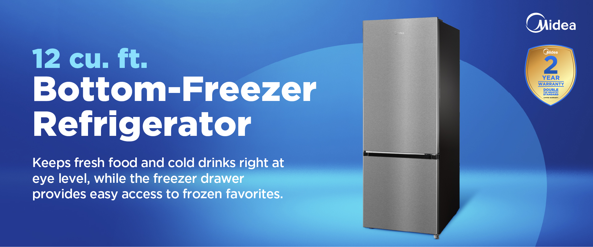 Stainless steel Midea 12 cubic foot bottom-freezer refrigerator MRB12B1AST on blue gradient background with product features text and 2-year warranty badge. White text highlights eye-level fresh food storage and freezer drawer access.