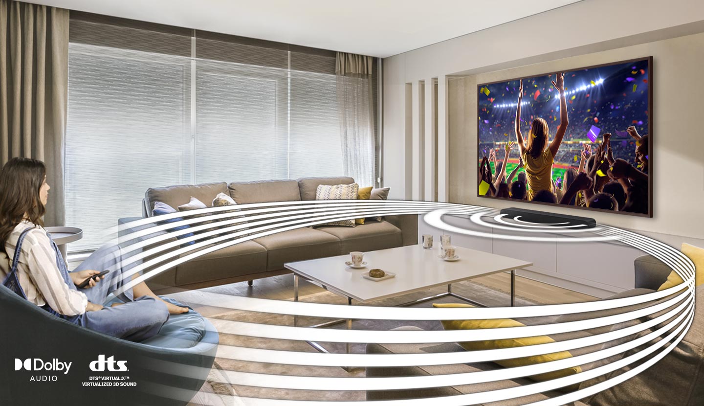 Samsung HW-C43C soundbar with Dolby Audio and DTS Virtual:X for 3D sound.