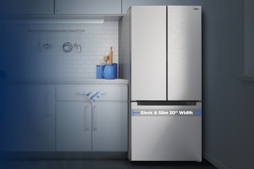 Midea MRF18B4AST stainless steel French door refrigerator in a modern kitchen setting. Label reads: Sleek & Slim 30-inch Width.