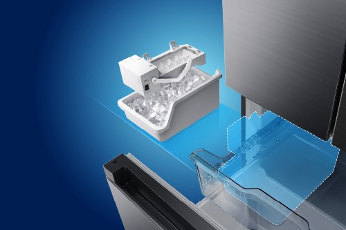Exploded view illustration of Midea French door refrigerator's built-in ice maker system, showing ice storage bin filled with ice cubes and transparent water dispenser tray against a blue background.