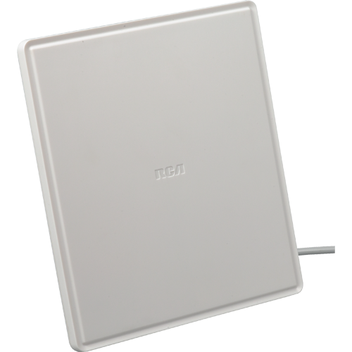 RCA ANT1400 indoor flat TV antenna with white rectangular panel and attached coaxial cable.