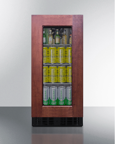 Summit ASDG1521PNR beverage center in custom wood panel finish with glass door displaying four shelves of beverages including bottles and cans, front ventilation grille at bottom, compact design for built-in or freestanding installation.