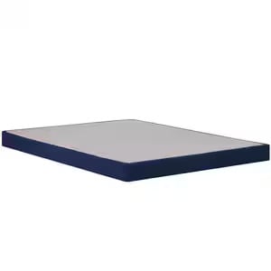 Sealy 5-inch low profile box spring in navy blue fabric with gray top surface, shown in slim split California King configuration for minimal height and flexible bed setup.
