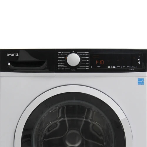 Close-up of Avanti FLW22V0W front load washer control panel featuring central program dial with cycle options including Rapid 15, Down Jackets, Sports Wear, Bedding, and Eco wash, plus digital display showing 14:40, and Energy Star certification badge.