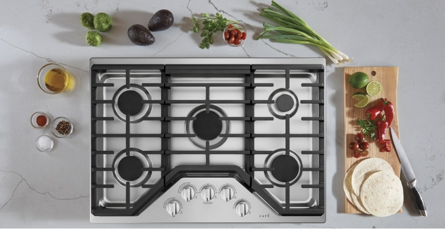 Cafe CGP70302NS1 30-inch gas cooktop with five burners.