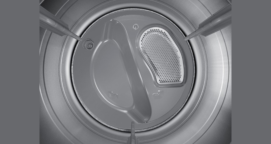 Samsung DV90F Series Ivory Electric dryer interior featuring a durable stainless steel drum for efficient and gentle drying.