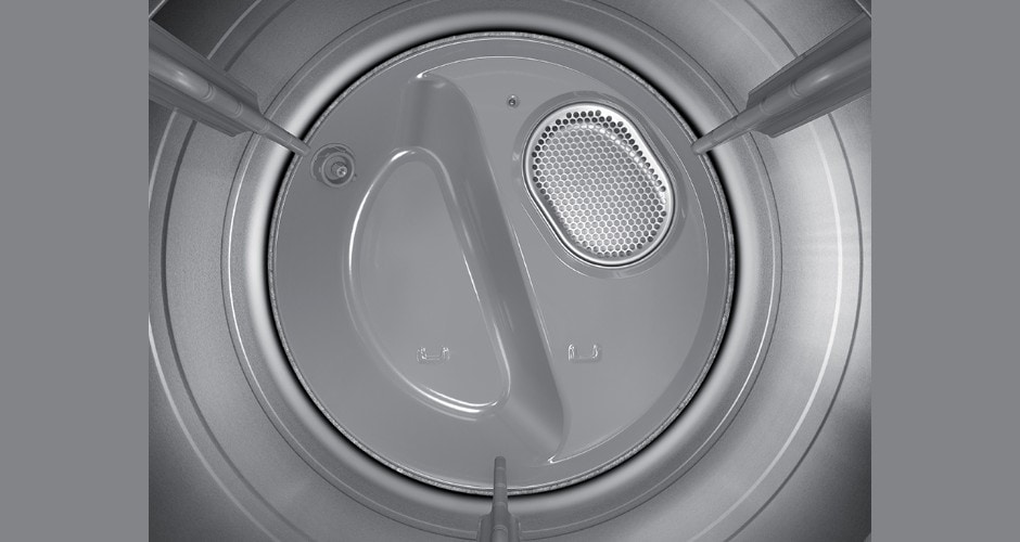 Samsung DV90F Series Ivory Gas dryer interior featuring a durable stainless steel drum for efficient and gentle drying.
