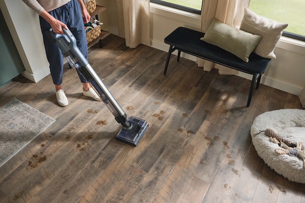 Person using Electrolux stick vacuum model EHVS85D2AD to clean hardwood floors in bright living room with modern furnishings, demonstrating maneuverability around furniture and area rugs