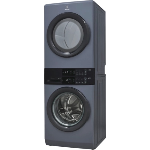 Electrolux titanium matte denim blue stacked gas washer and dryer combo unit with front-load design, featuring chrome doors and digital control panels on each appliance