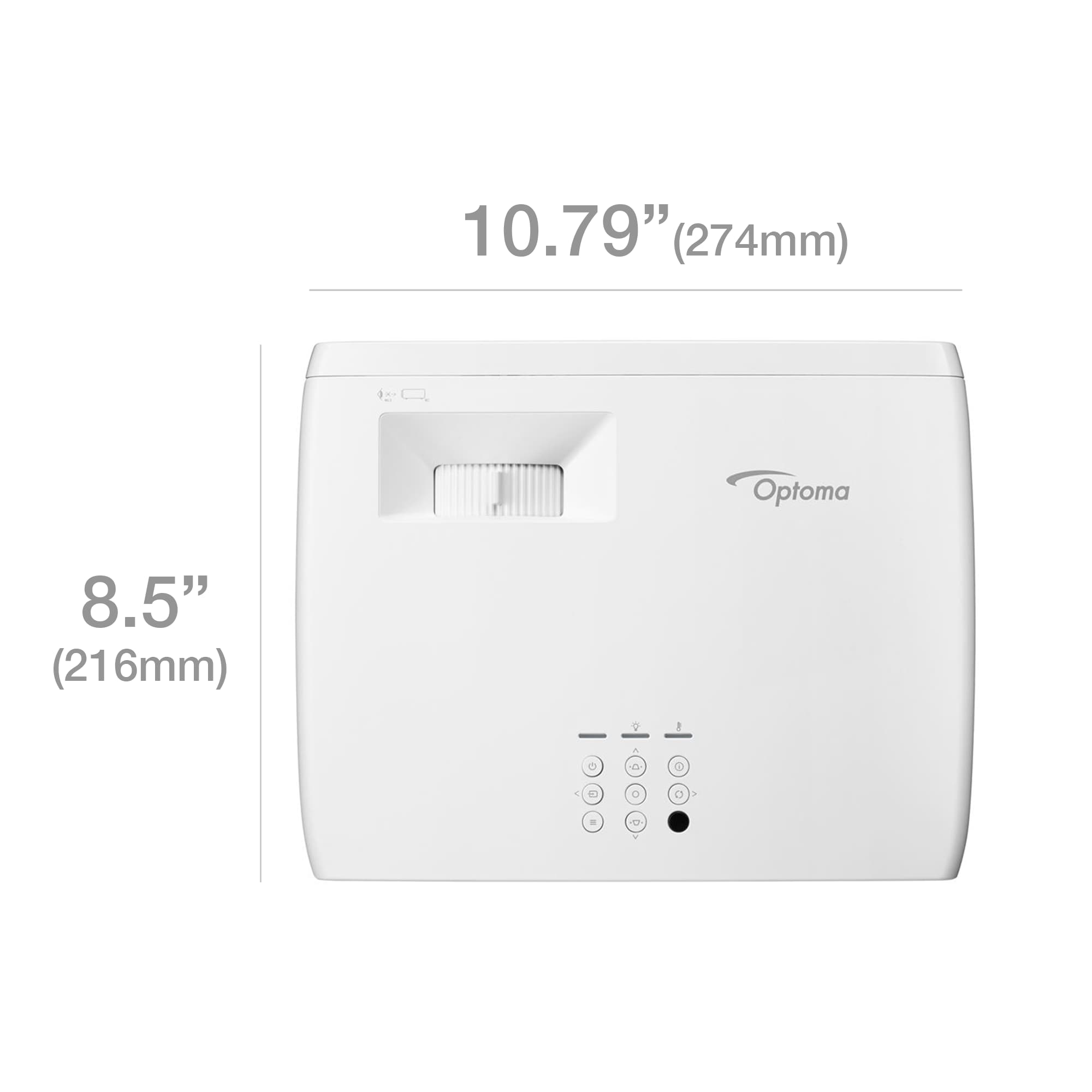 Optoma model GT2000HDR product dimensions, 10.79in. (274mm) width, 8.5in. (216mm) height