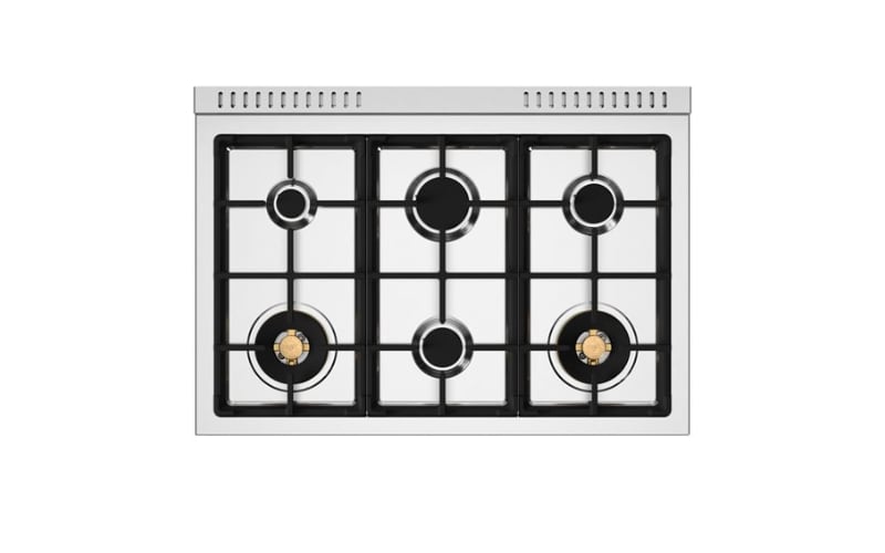Top view of the Bertazzoni HE366BCEPNET 36-inch stainless steel gas cooktop featuring six sealed brass burners with continuous cast-iron grates.