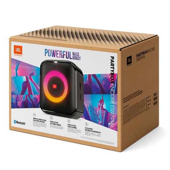 JBL PartyBox Encore Essential retail packaging showing cardboard box with product image featuring illuminated LED light ring in pink, orange, and yellow colors, highlighting 'Powerful Bass Boost' and Bluetooth connectivity with party scene graphics on sides.