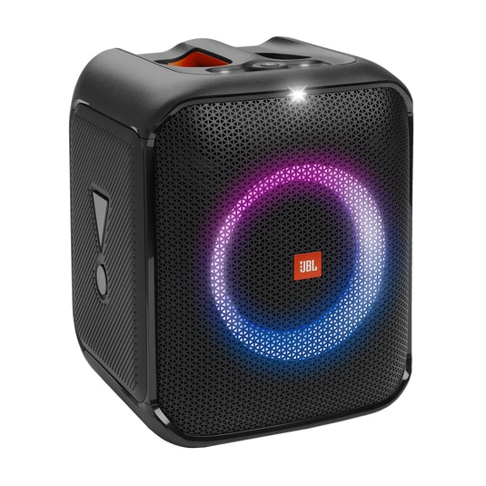 JBL PartyBox Encore Essential portable Bluetooth party speaker in black with illuminated LED light ring displaying pink, purple, and blue colors on front grille, featuring top-mounted controls with red accent and JBL branding on front panel.