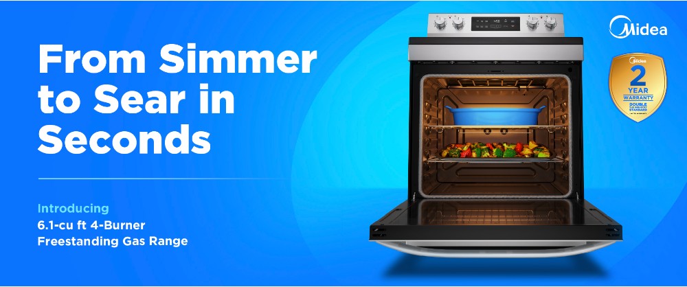 Midea advertisement featuring a stainless steel 6.1-cu ft 4-burner freestanding gas range with open oven showing roasted vegetables. Blue background with text