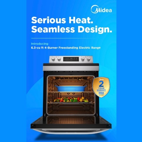 Midea advertisement featuring a stainless steel 6.1-cu ft 4-burner freestanding gas range with open oven showing roasted vegetables. Blue background with text