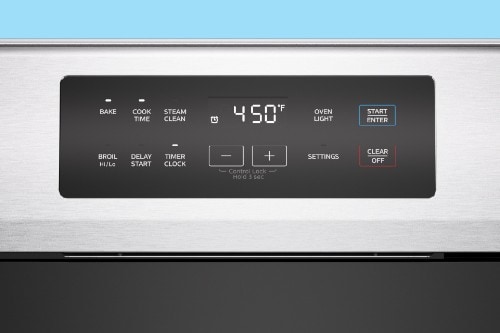 Midea oven digital control panel showing 450 degrees Fahrenheit with cooking and timer settings.