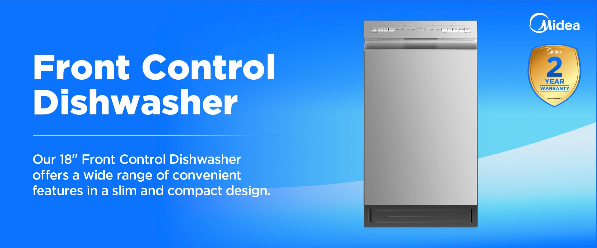 Midea ad showing an 18-inch stainless steel front control dishwasher with text reading