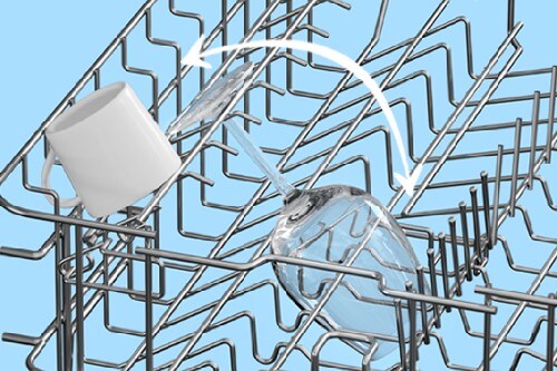 Midea 18-inch dishwasher rack with a wine glass and mug shown, highlighted by white arrows indicating adjustable rack positions.