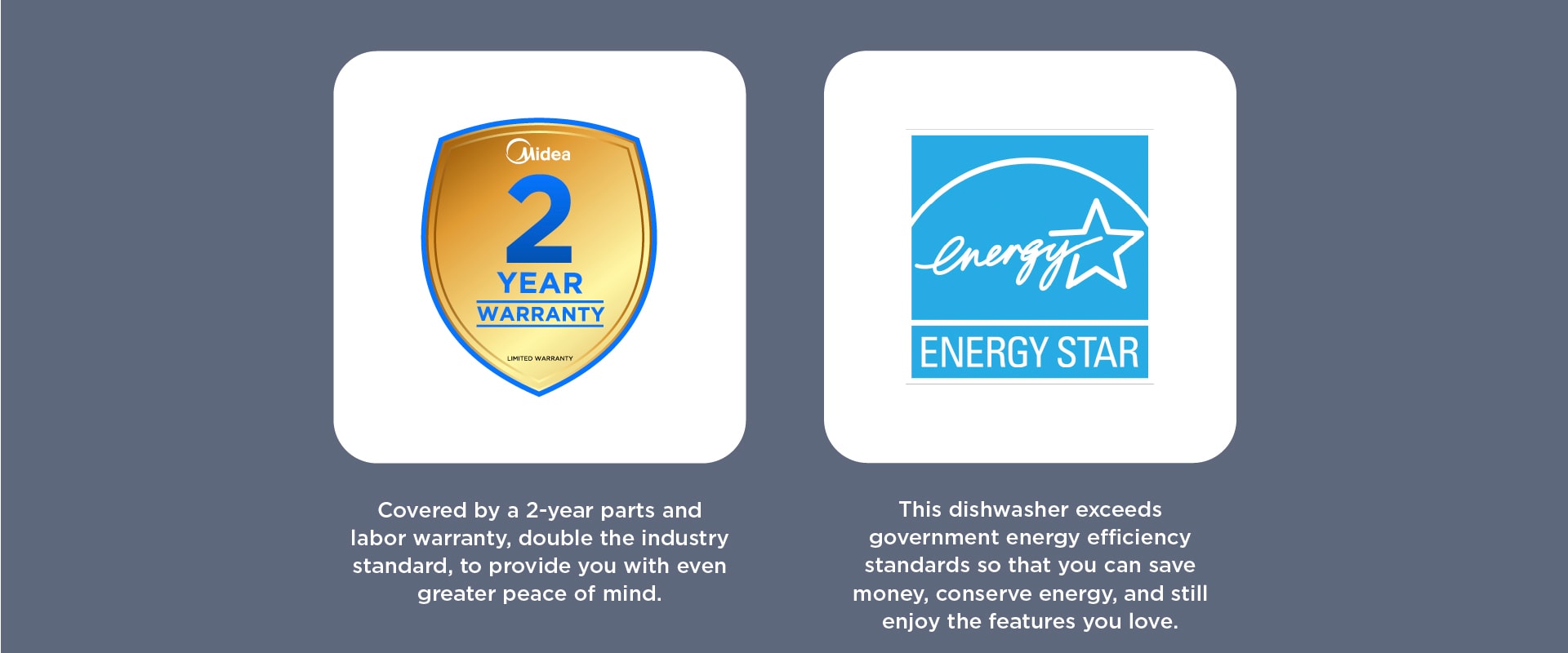 Midea 2-year warranty badge and Energy Star certification logo with supporting text about warranty coverage and energy efficiency.