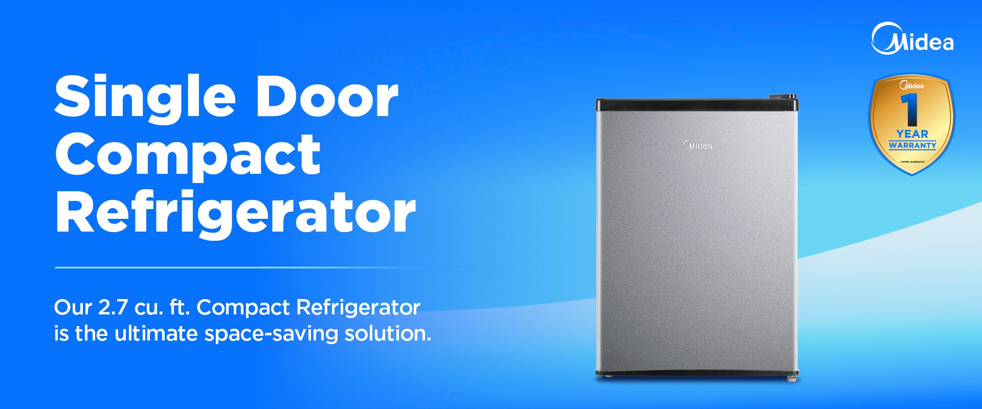 Midea stainless steel compact mini refrigerator on blue gradient background with white text highlighting 2.7 cubic feet space-saving design and 1-year warranty badge.