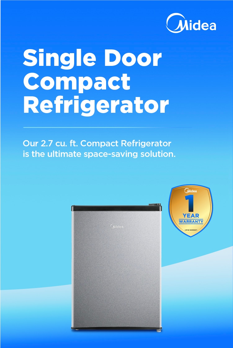 Midea stainless steel compact mini refrigerator on blue gradient background with white text highlighting 2.7 cubic feet space-saving design and 1-year warranty badge.