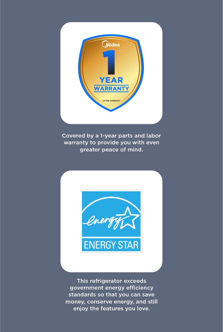 Side-by-side display of Midea 1-year warranty gold shield badge and Energy Star certification logo with descriptions highlighting warranty coverage and energy efficiency benefits.