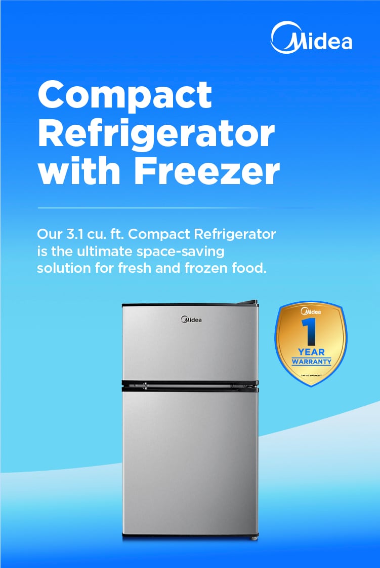 Midea 3.1 cu. ft. compact refrigerator with top freezer in stainless steel finish, featuring 1-year warranty badge and space-saving design.