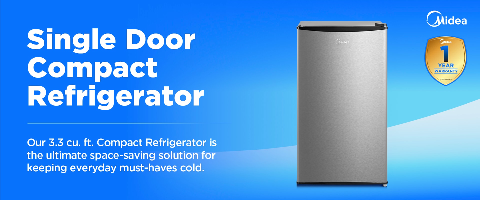 Midea 3.3 cu. ft. single door compact refrigerator in stainless steel finish with 1-year warranty badge. Space-saving design for everyday essentials.