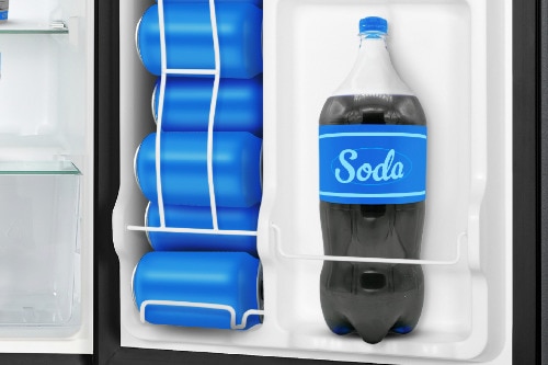 Close-up of compact refrigerator door storage showing tall bottle holder with 2-liter soda bottle and adjustable shelving for beverage storage.