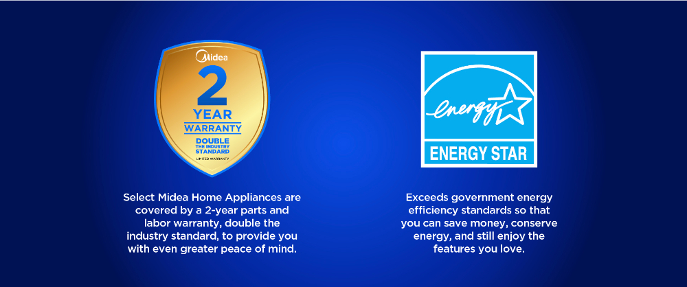 Midea warranty and ENERGY STAR banner: 2-year parts and labor warranty, double industry standard, plus energy-saving certification.