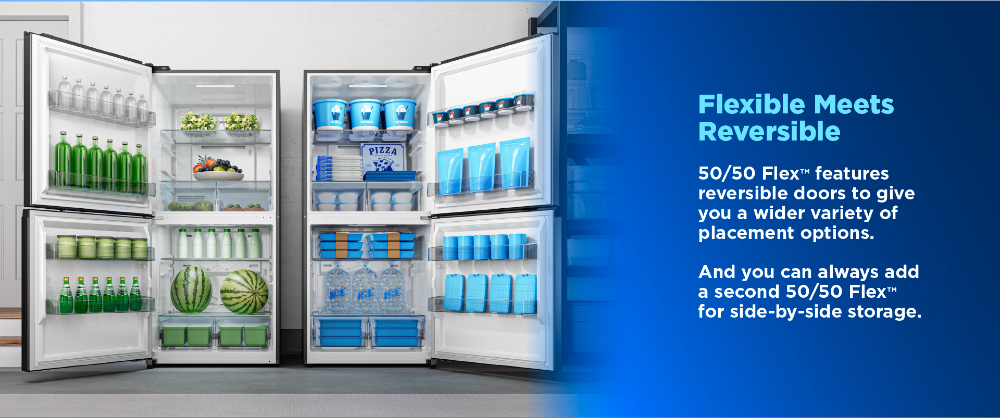 50-50 Flex refrigerators with reversible doors, showing flexible left- or right-opening placement and side-by-side storage options.