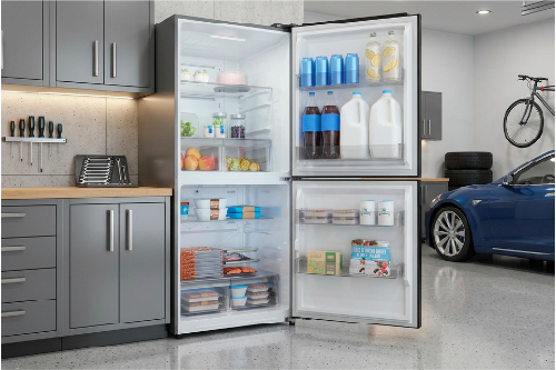 Midea 50-50 Flex refrigerator in a garage, open and stocked with food, drinks, and frozen items near cabinets and a parked car.