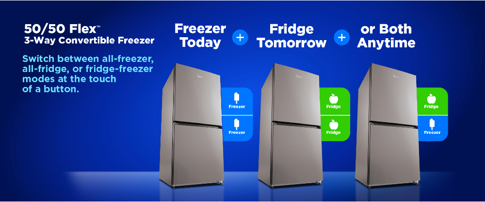 50-50 Flex 3-way convertible freezer banner - switch between all-freezer, all-fridge, or fridge-freezer modes at the touch of a button.
