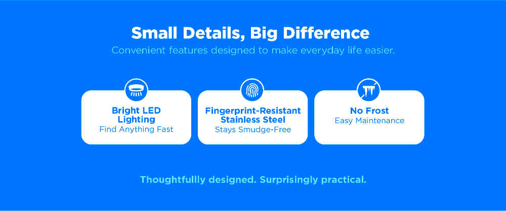 Small Details, Big Difference banner highlighting bright LED lighting, fingerprint-resistant stainless steel, and no frost easy maintenance.