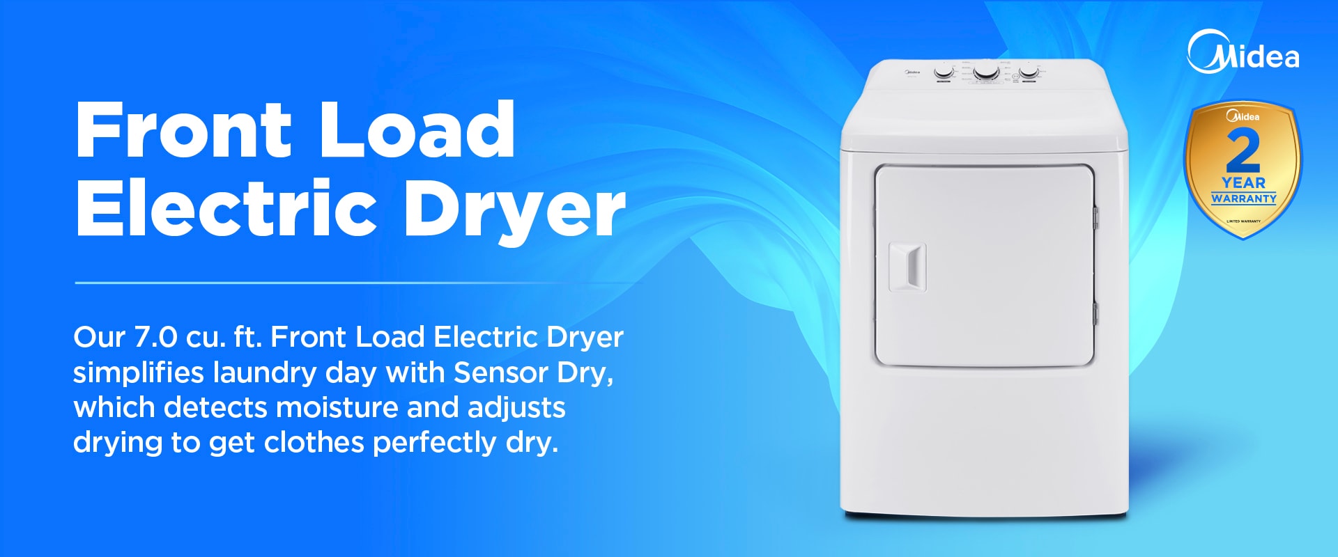 Midea 7.0 cu. ft. front load electric dryer in white with top-mounted controls and 2-year warranty badge. Features Sensor Dry technology for automatic moisture detection.