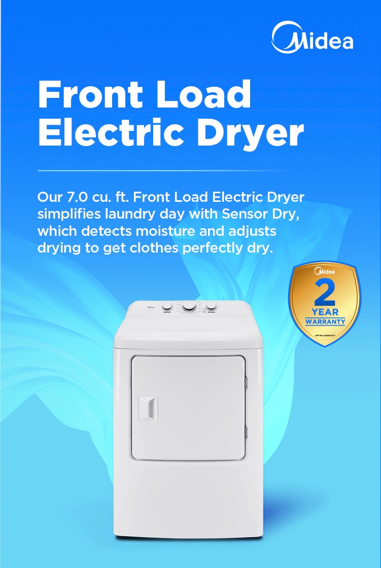 Midea 7.0 cu. ft. front load electric dryer in white with top-mounted controls and 2-year warranty badge. Features Sensor Dry technology for automatic moisture detection.